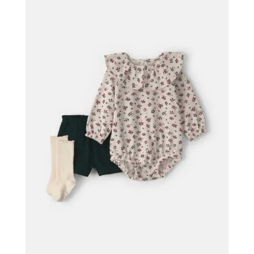 Baby Girl 3-Piece Floral Corduroy Long-Sleeve Bodysuit & Short Set | Carter's