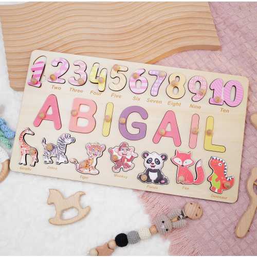 Personalized Wooden Name Puzzle for Girls, Colorful Educational Toy with Name, Numbers 1-10 & 7 Custom Elements, Perfect for Preschoolers