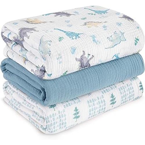 Muslin Swaddle Blankets for Newborn, 3 Pack Breathable Soft Receiving Blanket, Large 38 x 40 inches Swaddle Wrap Burping Clothes Diapers, Essentials Infant Shower Items, Toddler Gift (Blue Dinosaur)