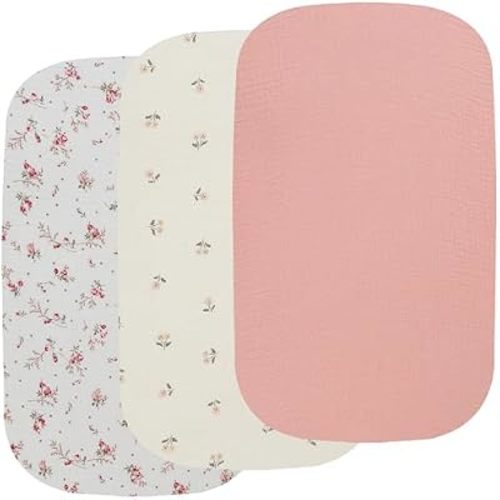 Onacosht Muslin Bassinet Sheets 3 Pack, 35"x20", Pink and Floral