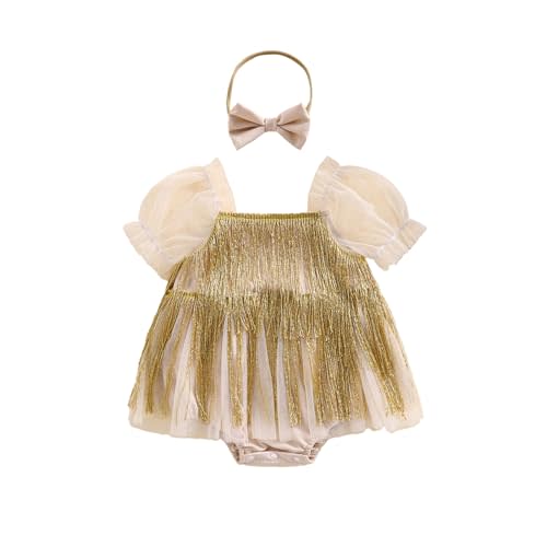 KMBANGI Toddler Baby Girl Sequin Fringe Romper Dress Puff Short Sleeve Sparkly Romper Birthday Princess Outfit Summer Clothes