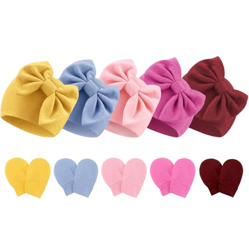 Newborn Baby Hats and Mittens Set Infant Bow Beanie Cap Toddler Gloves Newborn Hospital Hats for Baby Boy Girl 0-6 Months