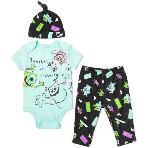Disney Pixar Monsters Inc. Mike Boo Sully Newborn Baby Boys Bodysuit Pants and Hat 3 Piece Outfit Set Newborn to Infant