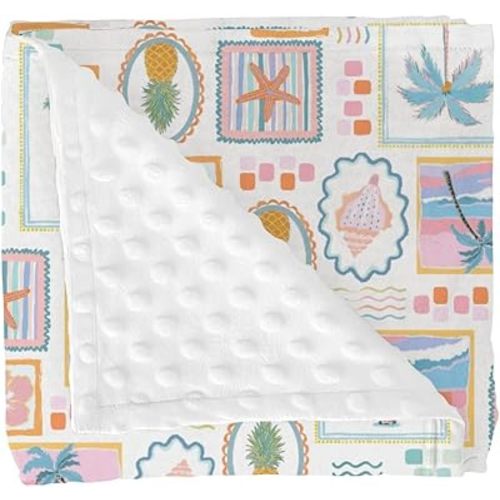 Colorful Beach Patchwork Baby Blankets for Girl Bright Summer Seashells Girly Soft Mink Dotted Backing Double Layer Swaddle Blanket Pineapple Lemon Palm Tree Bed Throw for Newborn Toddler Crib 30x40