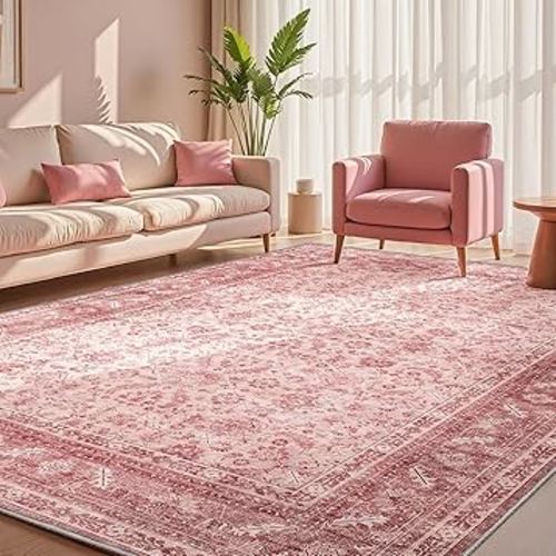 OPPODREAM Thin Vintage Pink Area Rugs 5x7, 5 x 7 Retro Washable Rug Non Slip, Low-Pile Faux Wool Carpet, Distressed Floor Mat for Living Room, Bedroom, Kitchen, Office, Dorm, Dinning Room