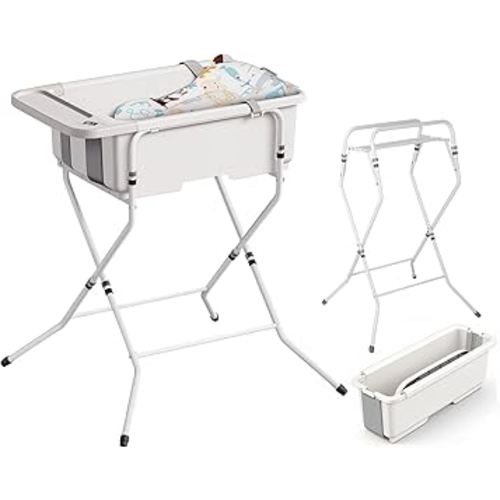 Collapsible Baby Bathtub with Stand - Large Baby Bath Tub with Thermometer & Cushion | Portable Travel Newborn Infant Bathtub | Foldable Toddler Bathtub for Baby 0 to 36 Months (White)