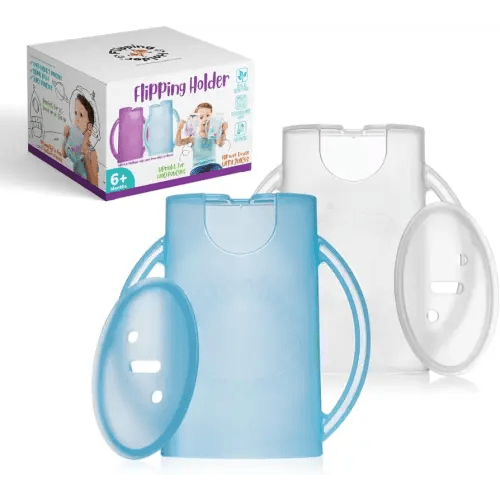 Flipping Holder Squeeze Proof Food Pouch Holder for Toddlers, Babies, Kids, Mess Free No Squeeze Juice Box Drink and Applesauce Snack Holder with Easy Grip Handles and Lid