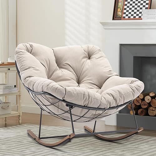 Outdoor Patio Rocking Chair, Oversized Papasan Chair with Cushion,Comfy Modern Rocker Egg Chair for Living Room, Garden Backyard, Beige