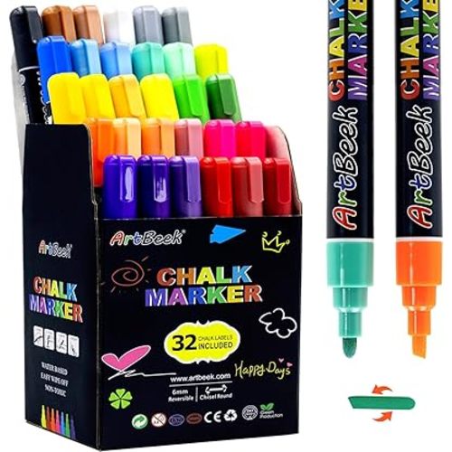 ArtBeek Chalk Markers, 30 Colors Liquid Chalk Markers for Blackboard Chalkboard Calendar Glass, Dust-Free Erasable Pens, 6mm Reversible Bullet & Chisel Tip