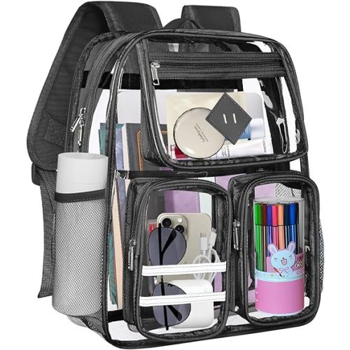 Kids' Backpacks, Water-Resistant PVC Plastic Material and Ruggedly Reinforced Shoulder Straps, Clear (Black)
