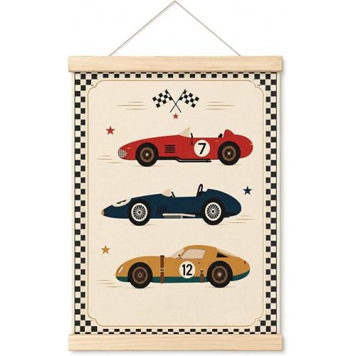 DEQSX Race Car Room Decor Boy Nursery Wall Art Hanging Poster,Retro Black White Checkered Car Themed Canvas Prints Wall Decor for Kids Bedroom Playroom Toddler Room,12x16 Inches