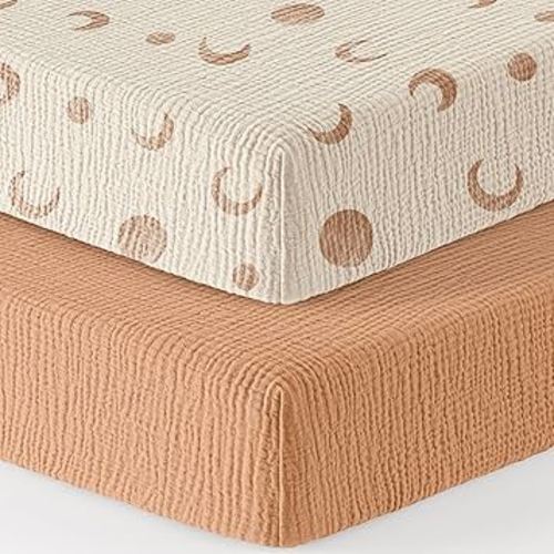 Bearmoss Muslin Mini Crib Sheets for Pack N Play Mattress - 100% Cotton - 38"x26" Soft Breathable Playard Baby Crib Sheets Neutral for Boys Girls - 2 Pack (Brown Moon)