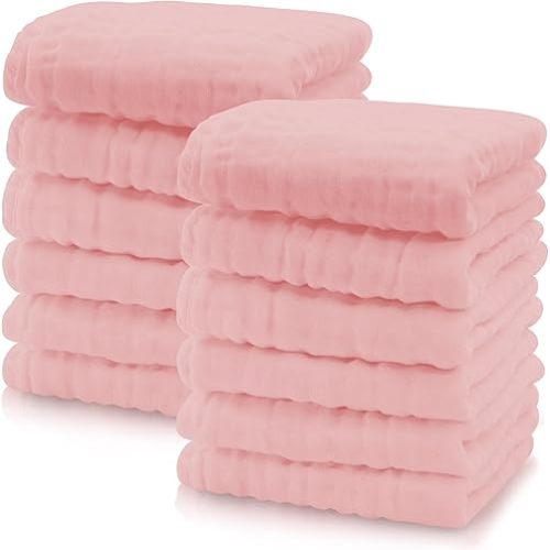 Cute Castle 12 Pack Muslin Baby Washcloths - Large 12'' by 12'' - Ultra Soft 100% Cotton - Super Absorbent Burp Cloths for Unisex, Boy, Girl -Pink