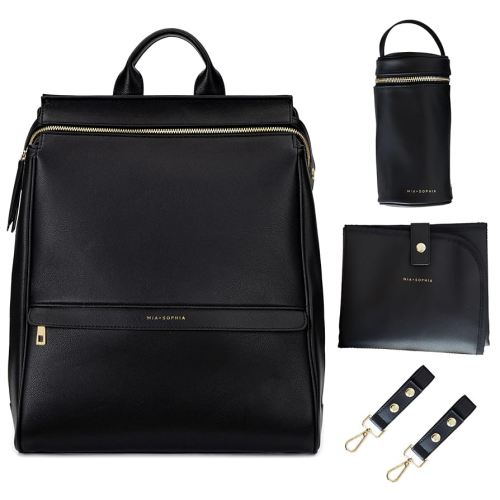 MIA + SOPHIA Leather Diaper Bag Backpack with USB Charging port, Changing Pad, Stroller Straps, and Bottle Holder (Black Sophia)