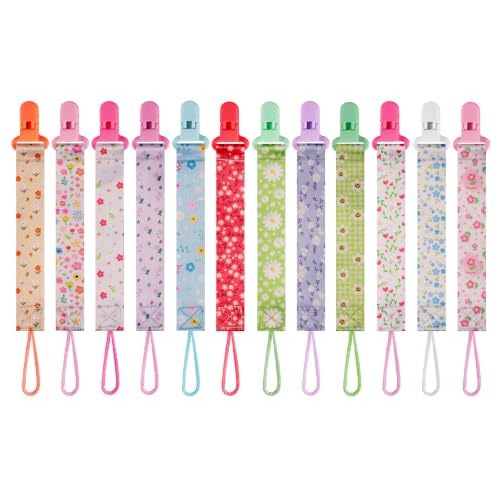 12 Pack Pacifier Clips with Adjustable Strap (32-46.5cm)/Short Strap(25.5cm) - Premium Polyester Baby Pacifier Holder Set, Multi-Design Clips for Boys Girls (Multicolor L - Flower)