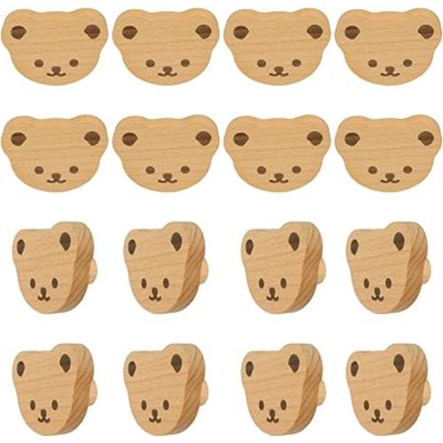 MOROBOR 12PCS Bear Shaped Wooden Knobs Single Hole Beech Wood Handles Cupboard Cabinet Handle Knob for Chest of Drawers with Screws& Expansion Tube
