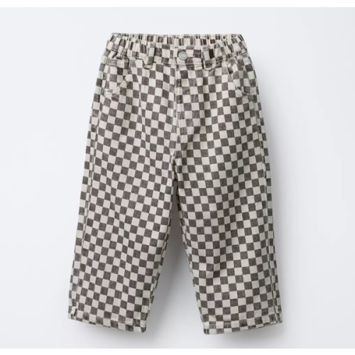 CHECKERBOARD BAGGY TWILL PANTS - Ecru / Brown | ZARA United States