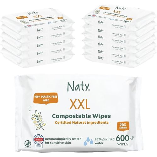 Naty Baby Wipes | 98% Water, Hypoallergenic & Natural for Sensitive Skin | Unscented, Plant-Based, Fragrance-Free | Plastic-Free & Compostable | Newborn & Toddler Diaper Wipes | 672 Count (12 Packs)