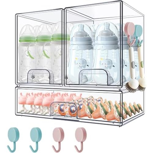Baby Bottle Organizer with Hooks - 3 Pack Stackable Storage Drawer