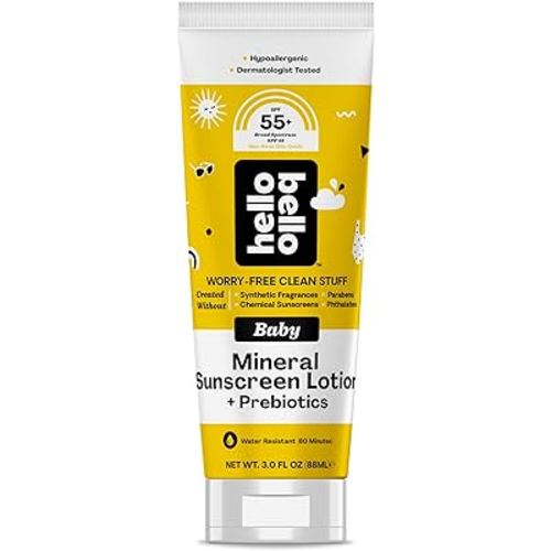 Hello Bello Mineral SPF 55 Sunscreen Lotion with Prebiotics, Water Resistant and Reef Friendly Sun Protection for Babies and Kids, 3 fl oz (Pack of 1)