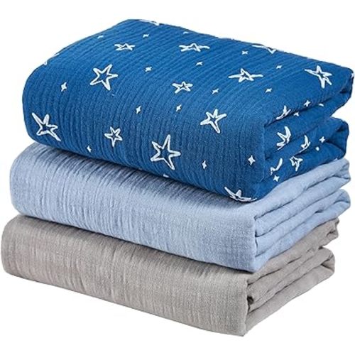 Muslin Swaddle Blankets (3-Pack) — 100% Cotton, Large 47 x 47 in, Soft Breathable Baby Receiving Blanket & Burp Cloths for Newborns & Toddlers (Bold Blue Mix)