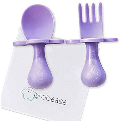 GRABEASE First Training Self Feed Baby Utensils – Anti-Choke, BPA-Free Baby Spoon and Fork Toddler Utensils with Pouch Set – Toddler Silverware for Baby Led Weaning Ages 6 Months+ (Lavender)