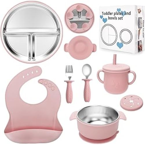Stainless Steel Kids Plates and Bowls Set with Suction, Divided Baby Plate and Toddler Bowl with Removable Silicone Suction,Stainless Steel Weaning Bundle, Silicone Baby Feeding Set (Pink)