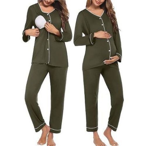 Ekouaer Maternity Pajama Set Button Down Nursing Pajamas Long Sleeve Breastfeeding Loungewear with Adjustable Pants Army Green