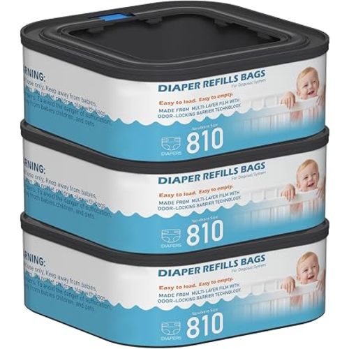 Jumbo Square Refills Disposal Bags Refill Compatible with Diaper Genie Classic, Compact, Premier and Select Pails, Hold Up to 810 Newborn-Sized Diapers Per Refill, Pack of 3