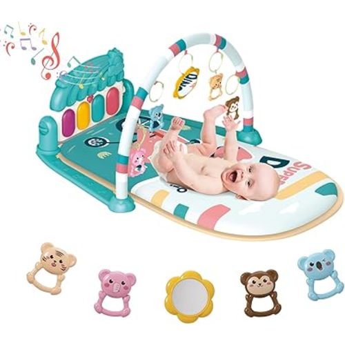 dearlomum Baby Play Mat & Piano Tummy Time Gym, Infant Sensory Activity Playmat with 5 Toys, Music & Lights, Developmental Gift for Boys & Girls 0-12 Months (Blue)