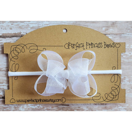 White Organza Double Layer Loopy Style Organza Hair Bow on Stretchy Infant Baby Headband
