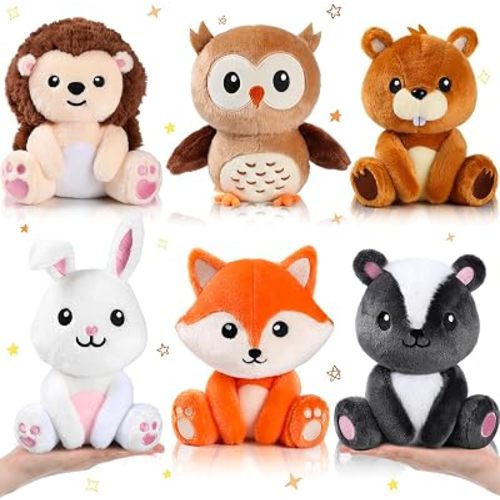 RoundFunny 6 Pcs Safari Animals Toys 7 Inch Owl Rabbit Fox Beaver Hedgehog Skunk Large Stuffed Animals Bulk for Woodland Baby Showers Party Decor Birthday Gifts Classroom Teacher Student Awards