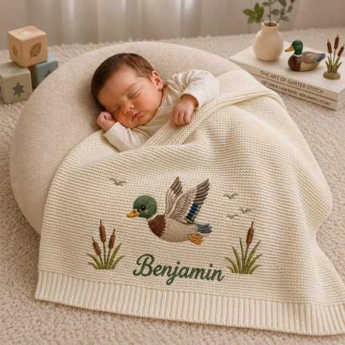 Custom Mallard Duck Embroidered Baby Blanket, Personalized Name Animal Safari Knit Throw, Hunting Wooden Lover Keepsake, Baby Shower Gift