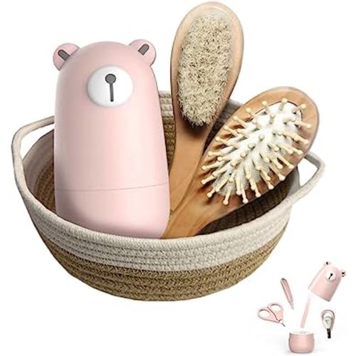 Baby 7 in 1 Grooming Set, Nail Scissors, Nail File, Tweezers, Natural Wood Hair Comb, Storage Basket for Children and Newborns in Beautiful Gift Box