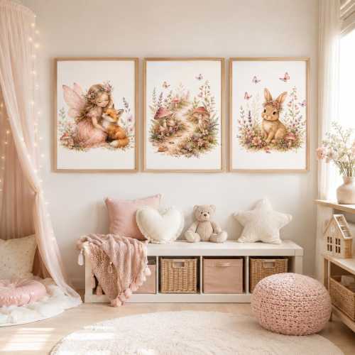Fairy Woodland Watercolor Art Set, Girls Room Fox Bunny Prints, Nursery Decor