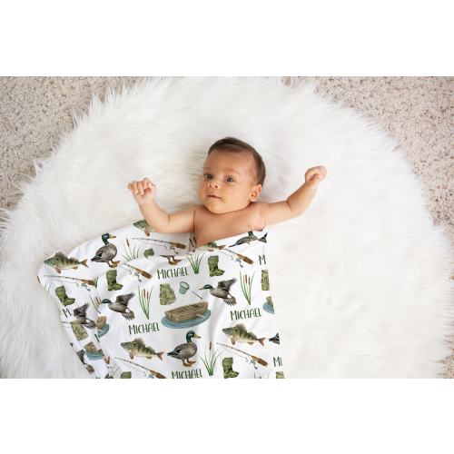 Fishing Swaddle, Personalized Baby Boy Mallard Duck Name Blanket, New Mom Gift, Hunting Receiving Swaddle, Newborn Gift, Baby Shower Gift,