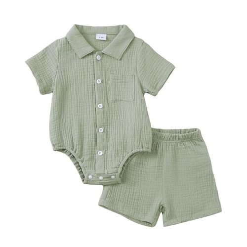 Jecson Newborn Boy Clothes Baby Boy Outfits Summer Cotton 2 Piece Set with Button Down Bodysuit and Shorts 0-18M