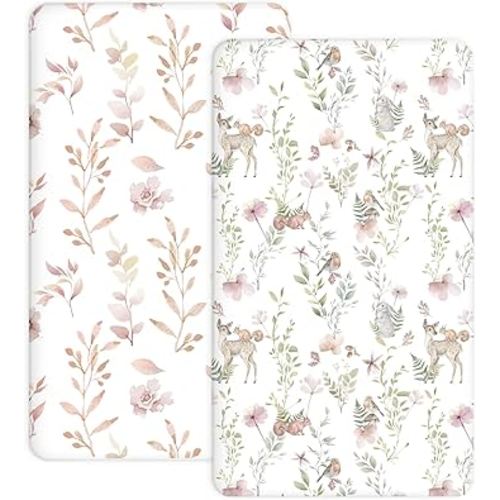 Pack and Play Sheets 2 Pack, Fitted Jersey Knit Mini Crib Sheets for Baby Boys and Girls, Compatible with Graco Pack N Play and Mini Crib Mattress (Floral Fawn, Pack N Play/Mini Crib Sheets)