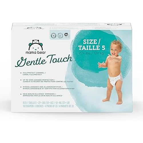 Amazon Brand - Mama Bear Gentle Touch Baby Diapers, Size 5, 27+ lb, Leak Protection, 12 Hours Protection, Wetness Indicator, Hypoallergenic, 132 Count (4 packs of 33)