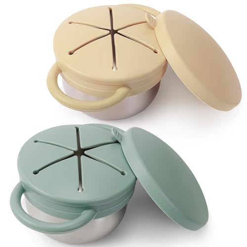 2 Pack Stainless Steel Spill Proof Snack Cup for Baby Toddlers Kids, with Silicone Food Catcher, Travel Lid, Spill-Proof Bowl Containers, Non Toxic BPA Free (Ash Green and Off-white)