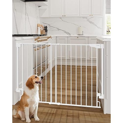 Cumbor 34" Extra Tall Baby Gate for Stairs, Hardware Mounted (Drill Required), Expandable 31.6-48" No Bottom Bar Dog Gate Indoor for Larger Pets, Large Walk Thru Door for Easy Access (White)