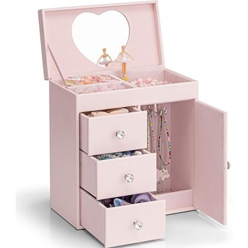 Vlando Musical Jewelry Box for Girls - Valentines Day Gift for Kid - Large Kid Music Box with Ballerina for Birthday Bedroom Decor, 4 Layer Girl Jewelry Gifts for Girls Kids - Light Pink