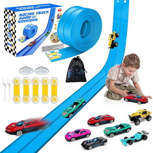 Flex Race Tracks for Kids, 16Ft Flexible Race Car Ramp Track Set for Hot Wheel Race Tracks Cars Portable DIY Race Track Toy for Boys Age 3 4 5 6 7 Years Old Boys Girls Kids Birthday Gifts - Blue