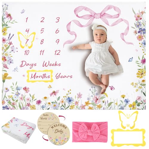 Floral Baby Monthly Milestone Blanket for Girls Flannel Blanket | Newborn Infant Swaddle Baby Growth Blanket Photography Background with Wooden Signs,Frames,Headband