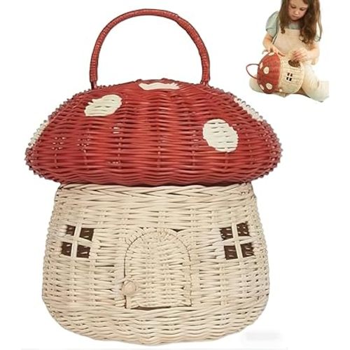 Mushroom Basket with Lid - Handwoven Rattan Storage Basket for Picnic, Home Decor | Cute Decorative Organizer for Grocery, Beach & Camping