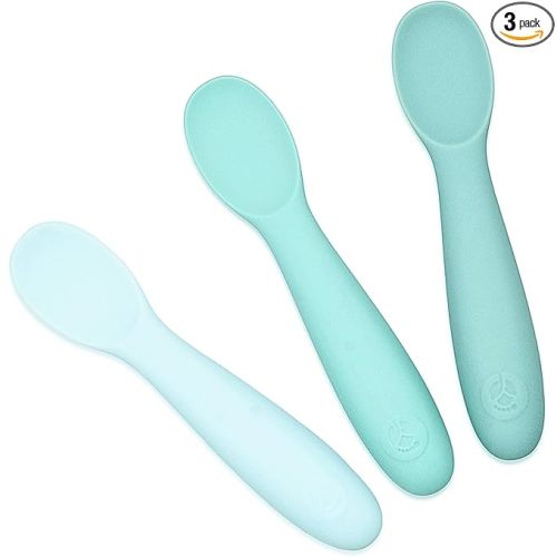 WeeSprout Baby Spoons for Self Feeding 6 Months +, Soft & Durable Silicone Utensils for Sensitive Gums & Teeth, Easy Grip Handles & Shorter Length for Little Hands, 3 Pack + Carrying Case