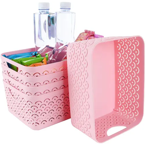 STARVAST 5 Pack Plastic Storage Baskets, Portable Pink Fish Scale Pattern Hollow Desktop Storage Bin Box with Handle for Kitchen, Bathroom, Kids Room or Nursery Storage – 9.4 x 7.1 x 4.1 inches