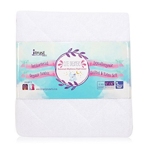 Bassinet Mattress Pad Organic Bamboo Cover - Rectangular, Oval and Halo Mattress Fit (30" x 15") - Breathable Quilted Waterproof Protector