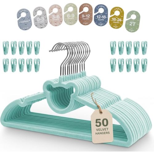 Velvet Baby Hangers with Clips & Size Dividers, 50 Pack