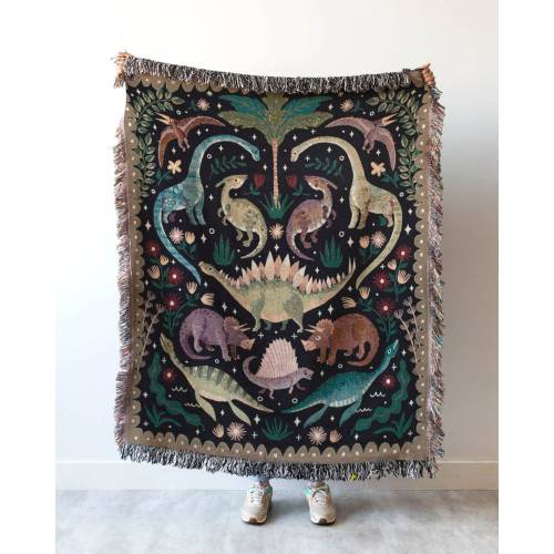 Dinosaur Blanket: Black Woven Throw, Cute Kawaii, Colorful Kids Teen Bedding, Nursery Bedroom, Triceratops Brachiosaurus, Unique Maximalist